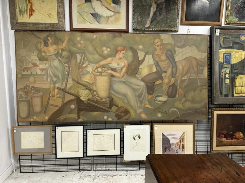 Alfonso T. Toran (1896 - 1965) WPA era o/b two women & young man picking apples, he's holding a dog (1 of 6)