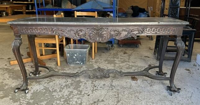 Wonderful carved marble top console table, carved on all sides and stretcher on base. Has claw feet. (1 of 10)