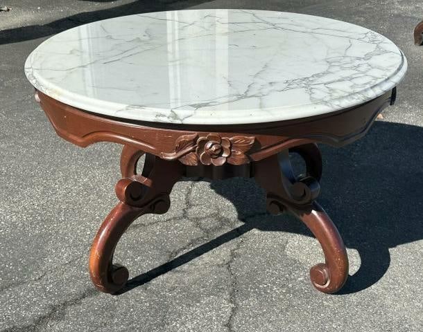 Circa 1950's round marble top coffee table, measures 32" across x 18.5" H. (1 of 4)