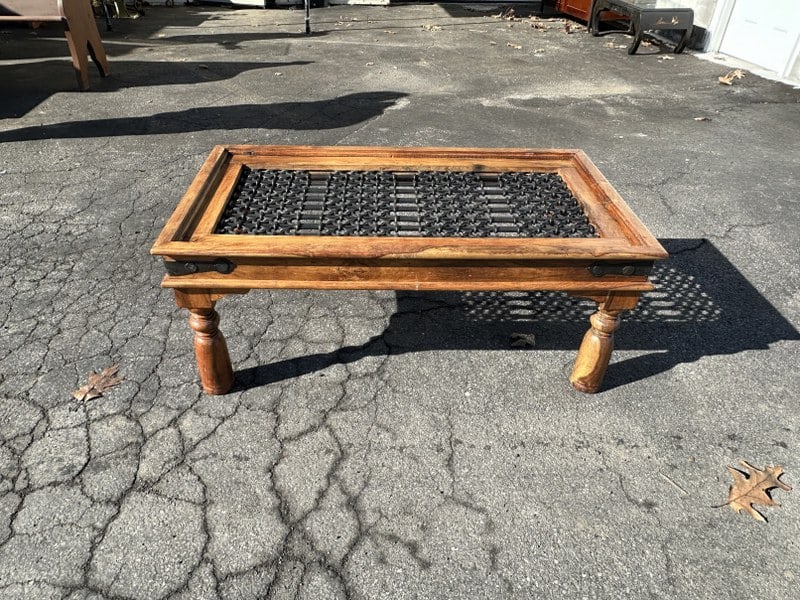 Decorative Indian coffee table w/iron insert under glass top, structurally sound, measures 43" W x (1 of 4)