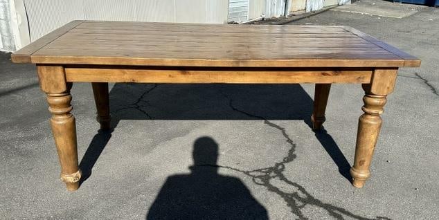 Conteporary pine farm table with thick top, structurally sound, some wear to legs. Measures 76" long: Conteporary pine farm table with thick top, structurally sound, some wear to legs. Measures 76" long x 40" D x 30.5" H. Good looking farm table, from Hudson Valley home.