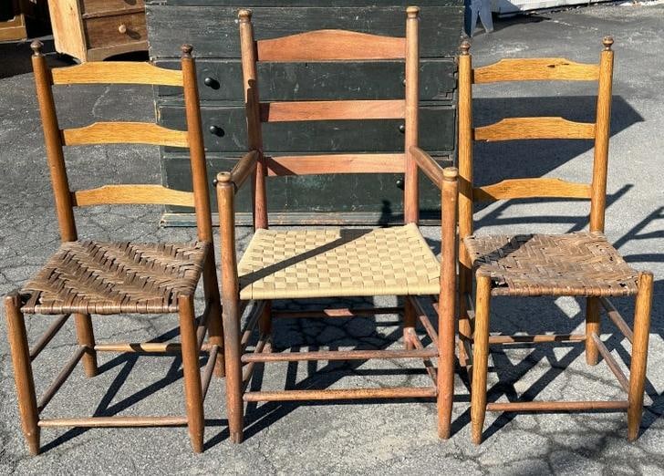 3 country chairs including 1 armchair, from Hudson Valley estate, structurally sound.: 3 country chairs including 1 armchair, from Hudson Valley estate, structurally sound.