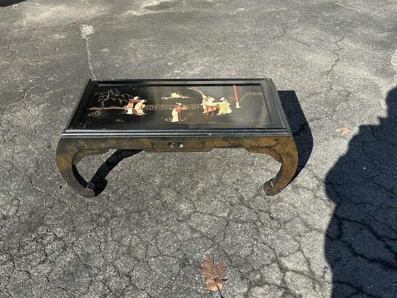 Asian lacquered coffee table with figures in jade and mother of pearl, structurally sound, has glass (1 of 5)