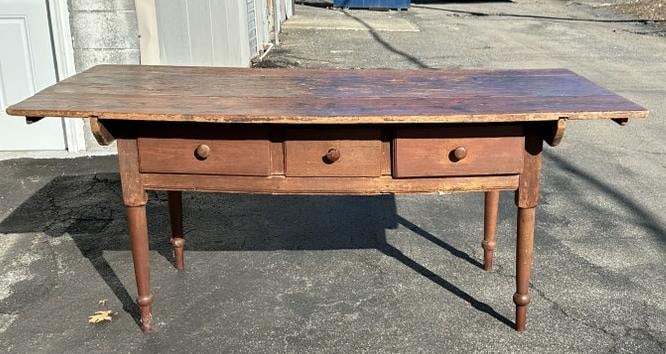 Country 3 drawer work table in older finish, wonderful patina, from Hudson Valley estate, measures (1 of 6)