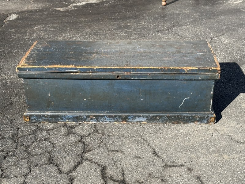 Old blue storage chest or toolbox, measures 38" W x16" D x 13" H. (1 of 3)