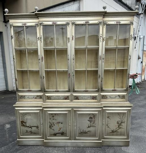 Fabulous silver gilt Asian decorated (2) pc. Breakfront, has beveled glass doors, scenic bottom (1 of 6)