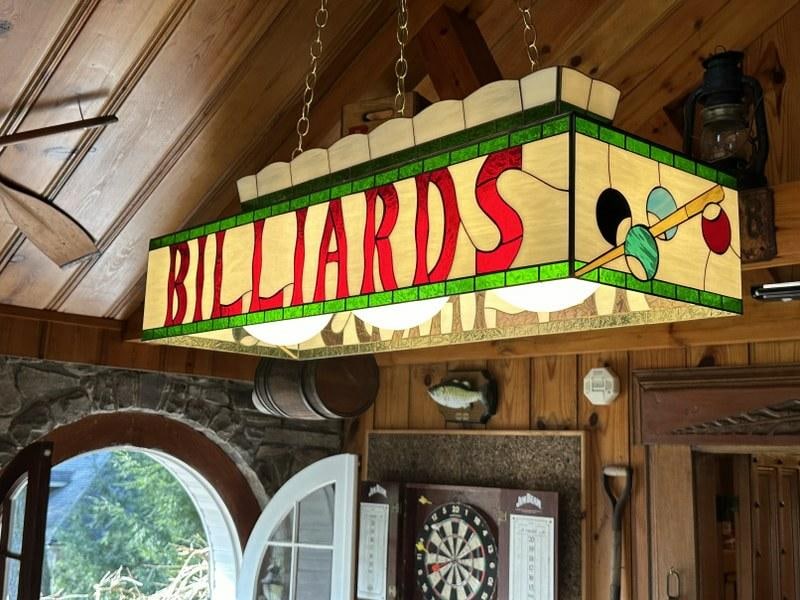 Leaded glass hanging BILLIARDS light, in nice estate condition. Hung over the pool table in game (1 of 4)