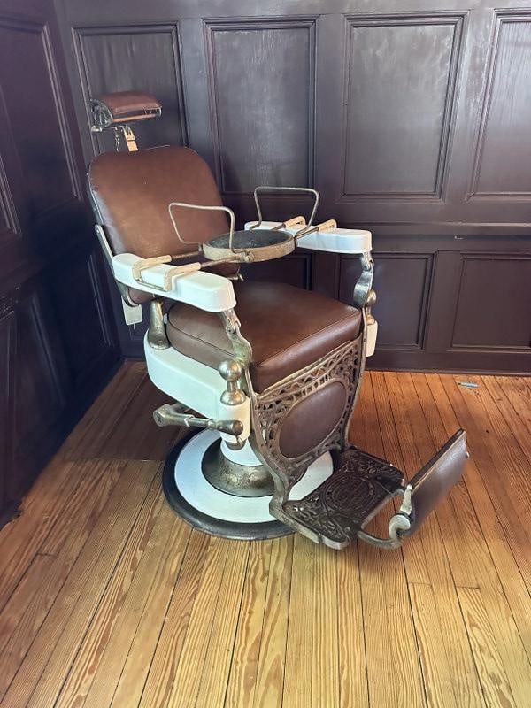 THEO. A. KOCHS antique porcelain Barber chair, with new upholstery, working order, porcelain is in: THEO. A. KOCHS antique porcelain Barber chair, with new upholstery, working order, porcelain is in very nice condition. Has wear to nickel plating. From fine Hudson Valley estate, used in their gamero