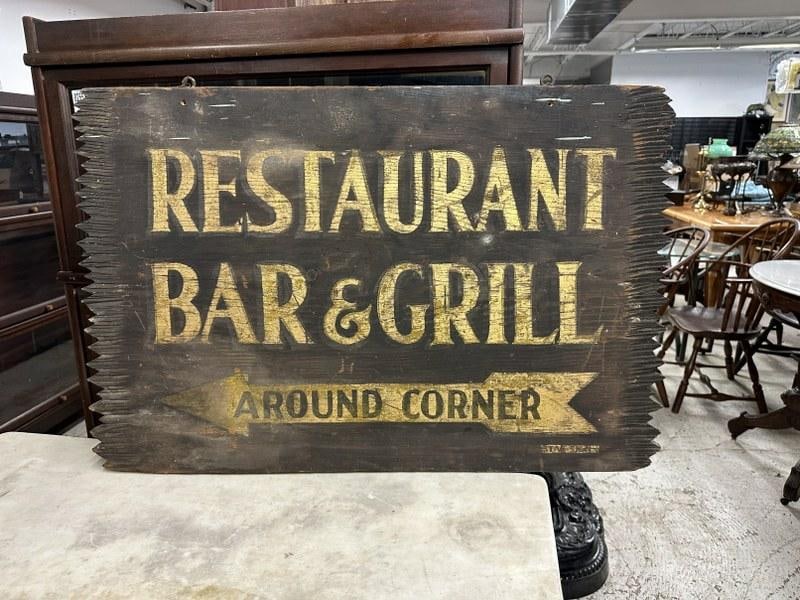 Wonderful circa 1910 RESTAURANT BAR & GRILL ( AROUND CORNER with arrow ) sign, wood, double sided ( (1 of 6)