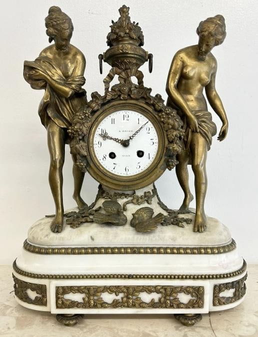 Wonderful Continental figural bronze clock with Maidens and urn on top, fancy trim around base, (1 of 8)