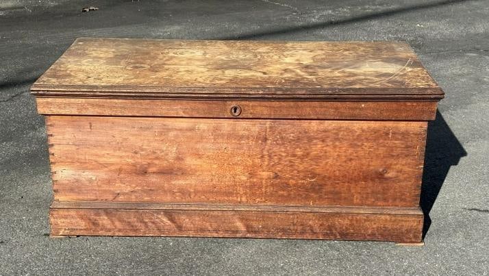 Circa 1910 cherry dovetailed storage chest, very worn patina from use, ( missing one side top (1 of 3)