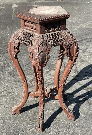 Older heavily carved Asian marble top stand, from estate in Hudson Valley. Measures 27" high x 11.5" (1 of 3)