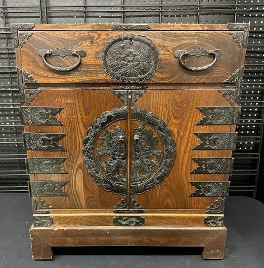 Diminutive Asian small chest (oak ? ) with decorative trim, handles intact, storage shelf intact. (1 of 7)