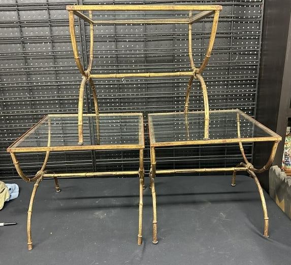 Wonderful trio of gold faux bamboo metal decorative stands with glass tops, from Westchester, N.Y. (1 of 4)