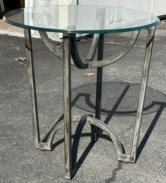 Decorative contemporary round glass top stand with metal base, fine condition. Measures 26.5" high x (1 of 2)