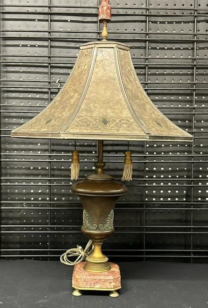 Wonderful circa 1920's brass urn shape table lamp on marble base with mica shade, from Chester, N.Y. (1 of 10)