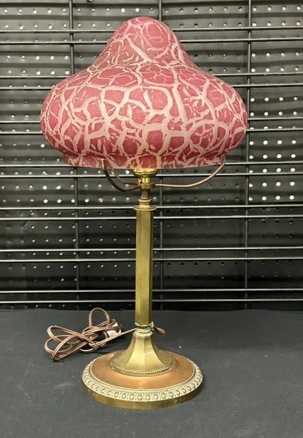 Decorative circa 1920's brass table lamp with red to clear textured glass shade ( shade not as old (1 of 4)