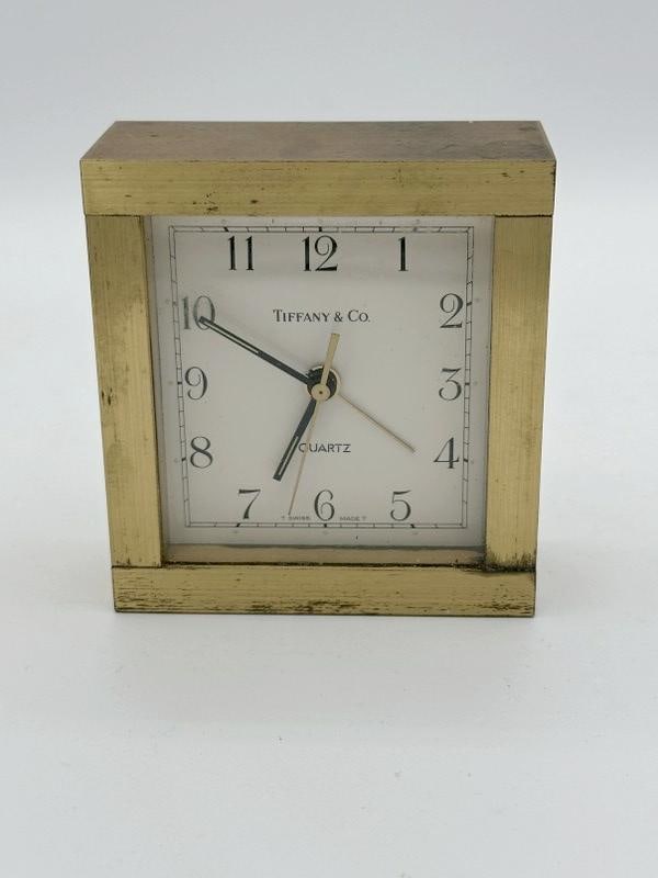Tiffany & Co. heavy brass battery operated clock, measures 3.5" high x 3.25" across, nice condition, (1 of 3)