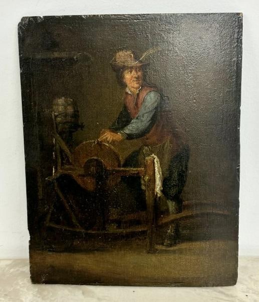 18th or early 19th c o/wood panel of man using sharpening stone, unsigned, slight bow to wood panel, (1 of 4)