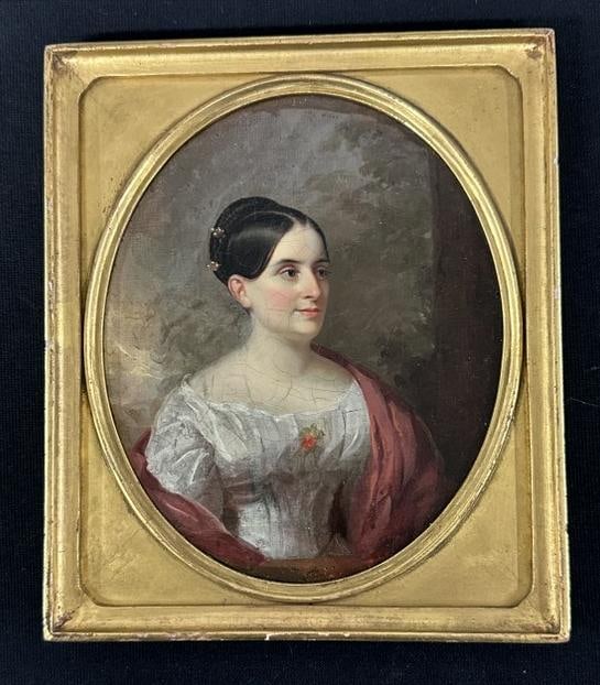 Fine early 19th c portrait of ( Ann Dodge Baldwin - wife of first Mayor of Syracuse ) in small gilt (1 of 3)