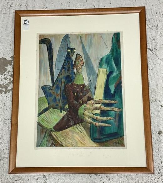 John Nathaniel Fenton (1912 - 1977) Surrealistic w/color & goauche of man holding bottle and cat (1 of 5)