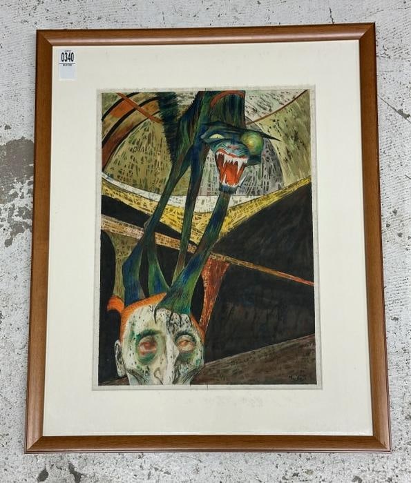 John Nathaniel Fenton (1912 - 1977) Surrealistic w/color & goauche of man with large growling cat on (1 of 4)