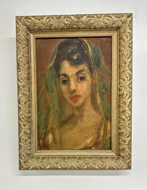 Circa 1930's impressionist o/c portrait of woman wearing a veil, signed illegibly bottom left as (1 of 5)