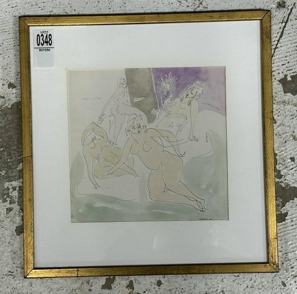 Irvin Nahan (American/Philadelphia, b. 1927) w/color (4) nude women, signed lower right and dated: Irvin Nahan (American/Philadelphia, b. 1927) w/color (4) nude women, signed lower right and dated (1969 ), fine condition, from fine NYC estate. Painting measures 8" x 8", the frame measures 13" x 12.