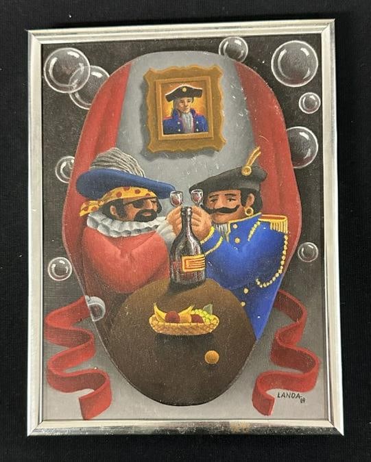 Julian Landa ( b 1947 ) o/b of two men toasting, on other board with bubbles, signed and dated 1989. (1 of 4)