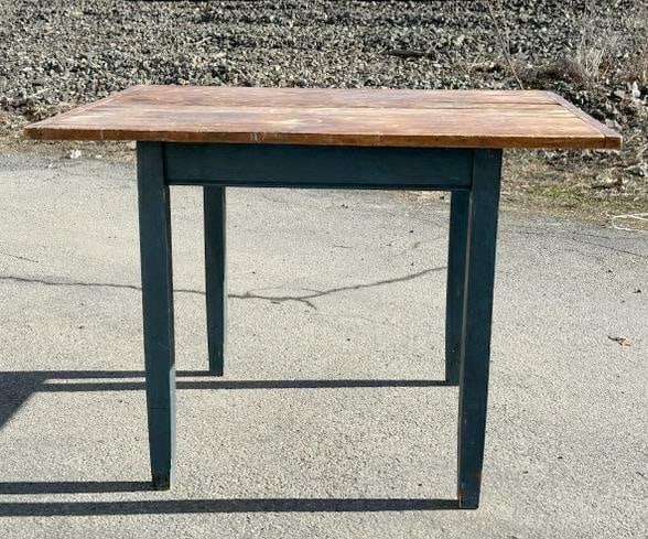 Pine country work table w/blue painted base, structurally sound, measures 42" W x 32.5" D x 30" H. (1 of 5)