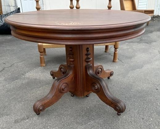 Victorian walnut pedestal dining table, some wear spots on top, structurally sound, measures 44" (1 of 4)