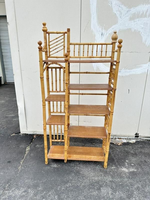 Circa 1900 bamboo stand, with 2 replaced finials and 1 finial missing, measures 28" W x 10" D x 60": Circa 1900 bamboo stand, with 2 replaced finials and 1 finial missing, measures 28" W x 10" D x 60" H.