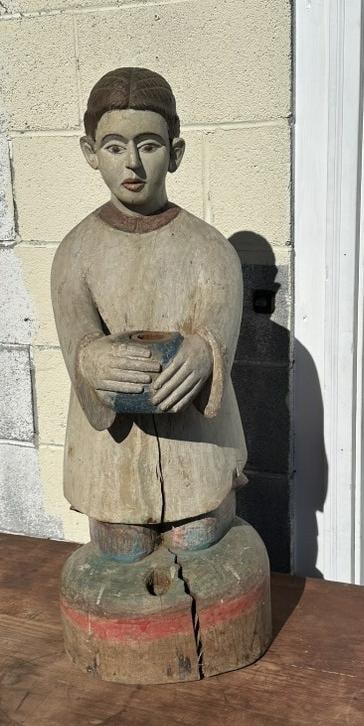 32" high carved figure of man in original paint, origin unknown, age split on base as pictured. (1 of 4)