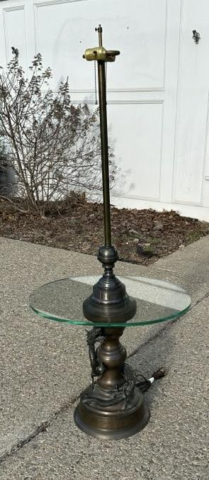 Fabulous Asian bronze base with figural dragon floor-table lamp ( plate glass table top ), from fine (1 of 6)