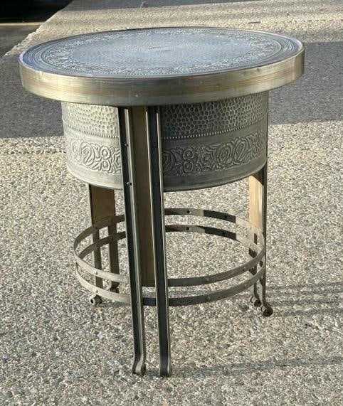 Unusual metal table or stand with brass hand hammered top, origin unknown, from Westchester, (1 of 3)