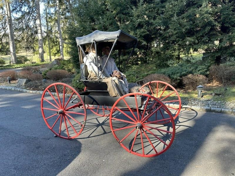 19th c horse drawn wagon with composition man & woman passengers, from estate in Hudson Valley, used (1 of 7)