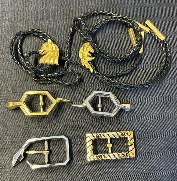 RICK CAMERON lot of (4) sterling designed belt buckles (3) with snakes, and (2) sterling bolo ties (1 of 3)