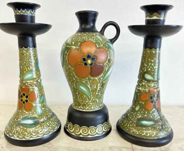 (3) pc. GOUDA art pottery set of candlesticks & pitcher, from Hudson Valley estate, ( both (1 of 5)