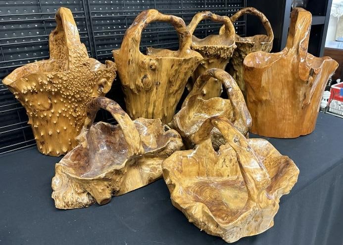 (8) carved wood and finished baskets, from Hudson Valley estate, nice condition, were used on (1 of 4)