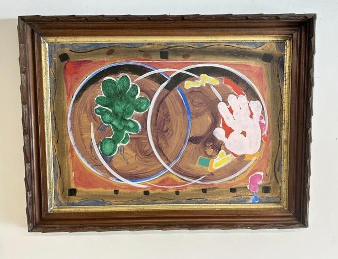 Franklin Ross ("Bud") Drake (1929 - 2001) abstract o/b in Victorian frame. From his Niece and: Franklin Ross ("Bud") Drake (1929 - 2001) abstract o/b in Victorian frame. From his Niece and family's estate. Has his signature hand in the painting. Painting measures 21.5" x 30", the black walnut V