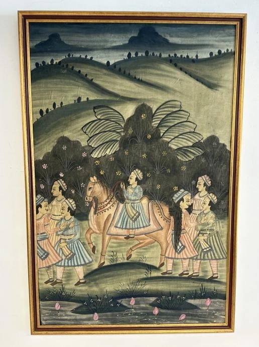 Older Indian gouache on cloth (board ) of woman on horse and people in front and back of her. (1 of 2)