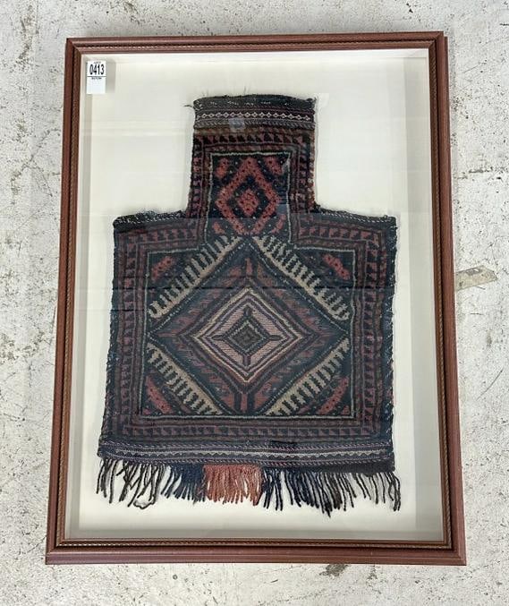 Shadowbox frame with handmade textile bag or fragment, ( origin unknown ), from fine estate in (1 of 3)