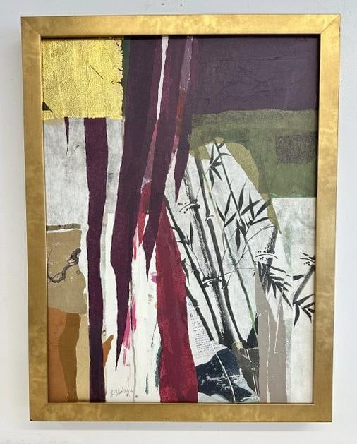 Linda Stanley collage on canvas, dated 2018. In nice gold frame, collage measures 24" x 18", fine: Linda Stanley collage on canvas, dated 2018. In nice gold frame, collage measures 24" x 18", fine condition, from Hudsl Valley home.