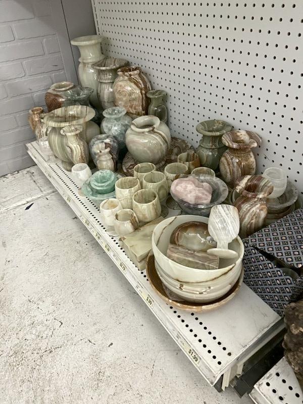 Large quantity of ONYX vases ( some very heavy ), cups, bowls, plates, etc. Great lot for dealer to (1 of 9)