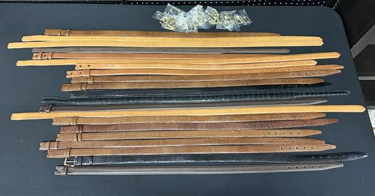 (22) RICK CAMERON leather & lizard new old stock belts ( one with buckle ) included are some brass: (22) RICK CAMERON leather & lizard new old stock belts ( one with buckle ) included are some brass buckles. Signed on undersides. ( most size 32, 34, 36 ish ). Direct from Rick Cameron, after his busi