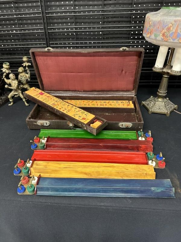 Vintage Mah Jong set with all tiles ( it appears to me ) and (5) bakelite racks, some wear to case, (1 of 6)
