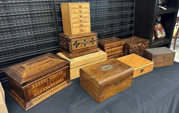 (9) wood boxes including decorative inlaid, some with lift top drawer inside, (1) humidor, and a few (1 of 10)