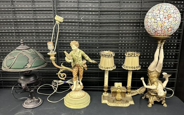 (4) estate lamps including (3) older & (1) more contemporary. Older ones include white metal figural (1 of 6)