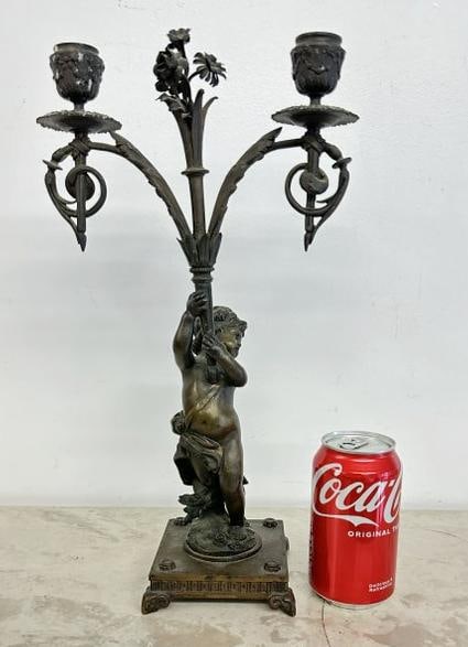 Very nice bronze cherub candelabra, with rams head feet, nice patina, nice overall estate condition. (1 of 4)