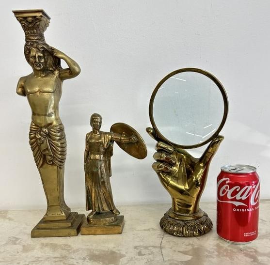 (3) pc. Interesting brass lot to include 15.5" high figural man candlestick, heavy polished bronze (1 of 5)